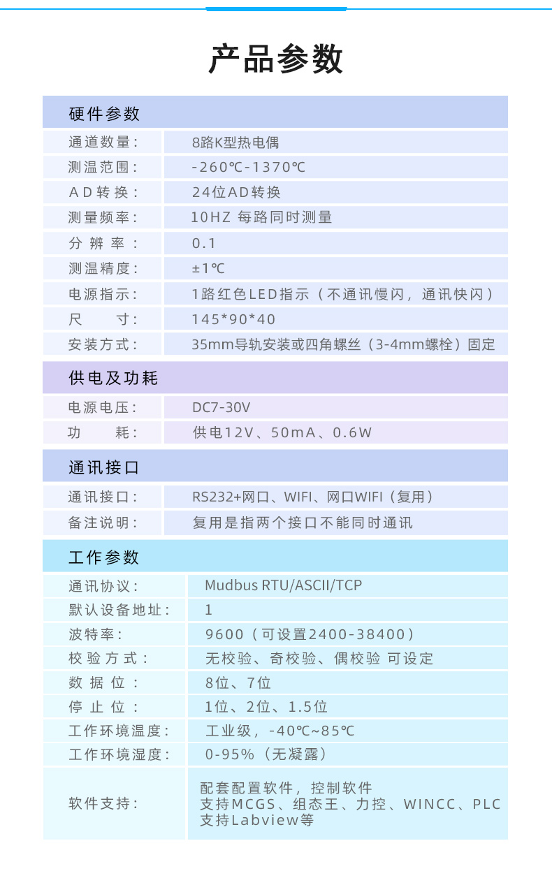 JY-DAM-TC08 8路熱電偶溫度采集模塊參數(shù)